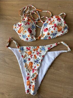 SHEIN White Floral Ribbed Bikini Set with Orange, Blue & Pink Flowers